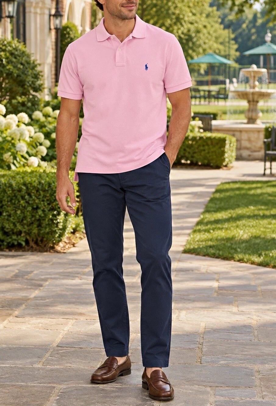Polo Ralph Lauren Men’s L Pink Pique Polo Shirt Blue Pony 100% Cotton Preppy